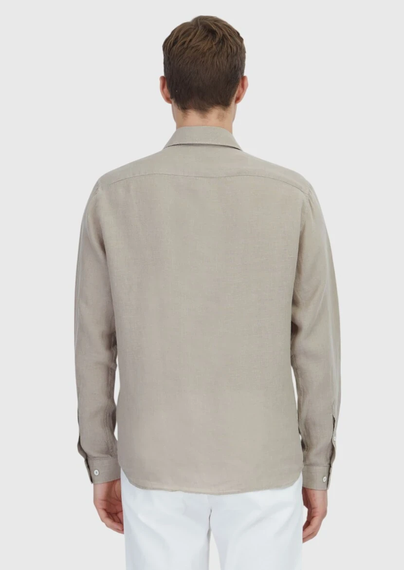 Vizon Düz Casual Fit Dokuma Casual %100 Keten Gömlek - 5