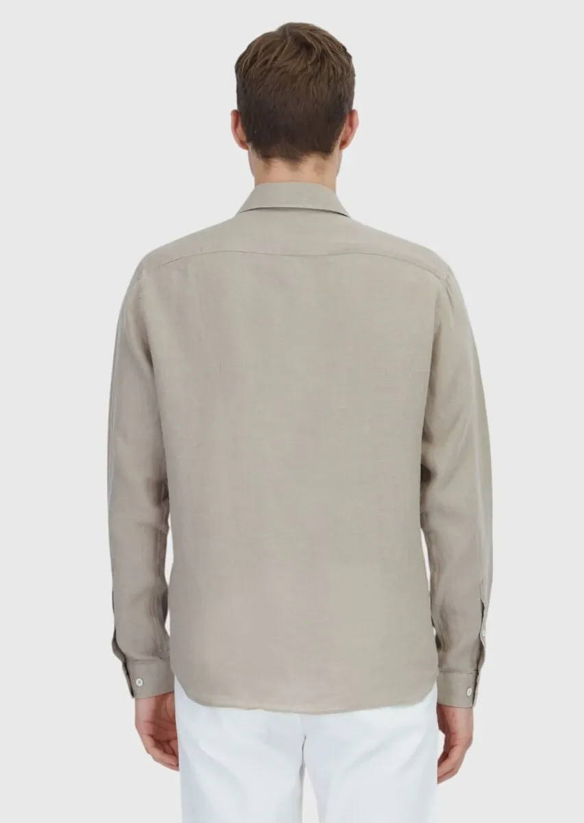Vizon Düz Casual Fit Dokuma Casual %100 Keten Gömlek - 5
