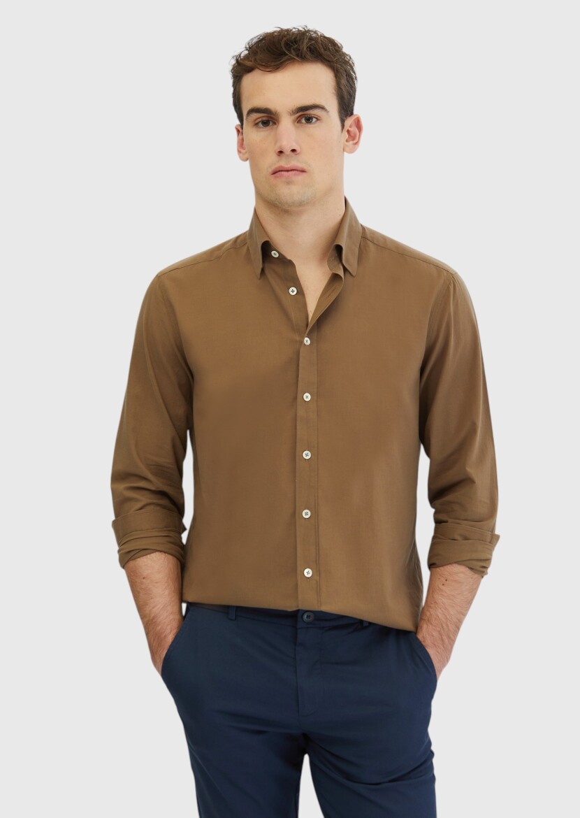 Vizon Düz Casual Fit Dokuma Casual %100 Pamuk Gömlek - 1