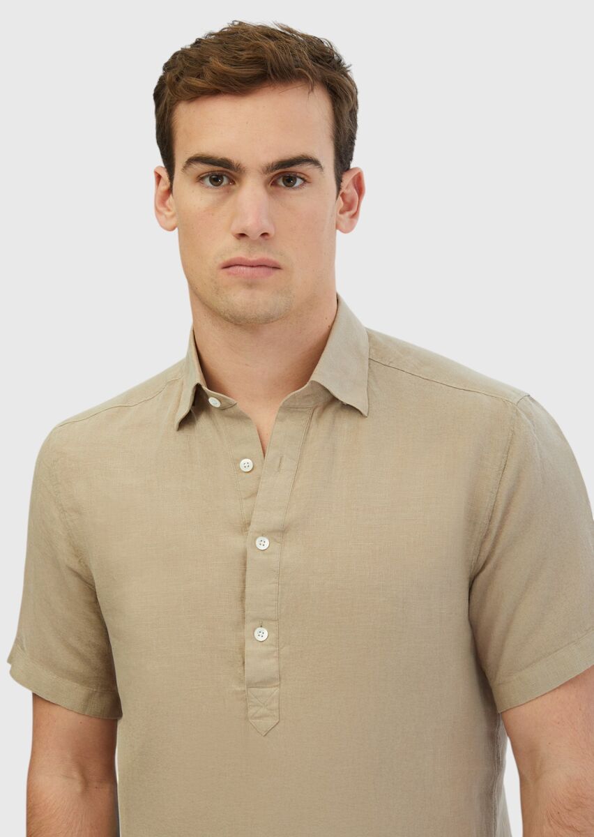 Vizon Düz Casual Fit Kısa Dokuma Casual %100 Keten Gömlek - 3