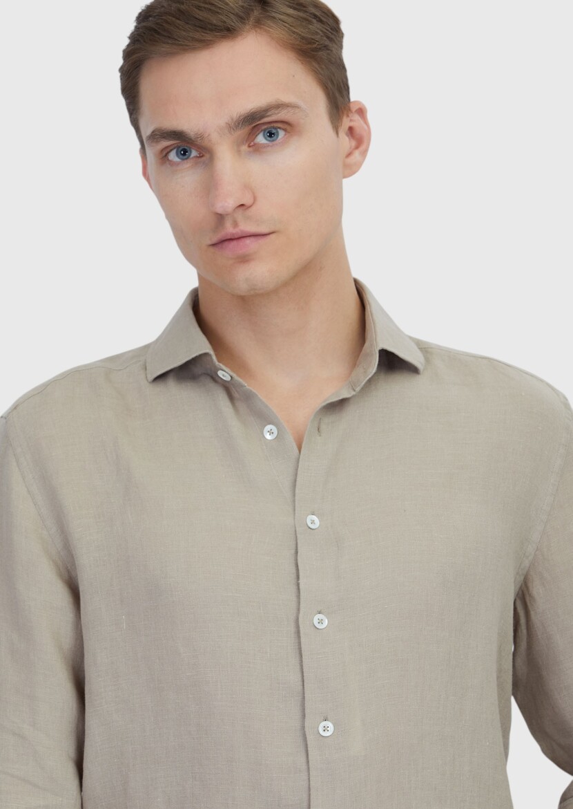 Vizon Düz Casual Fit Uzun Dokuma Casual %100 Keten Gömlek - 3