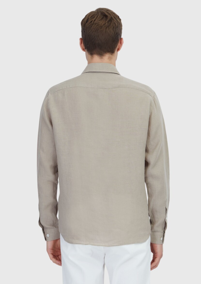 Vizon Düz Casual Fit Uzun Dokuma Casual %100 Keten Gömlek - 5