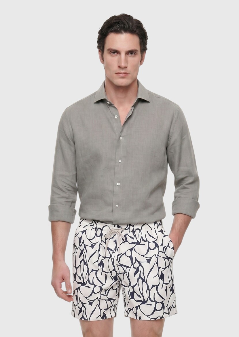 Vizon Düz Casual Fit Uzun Dokuma Casual %100 Keten Gömlek - 1