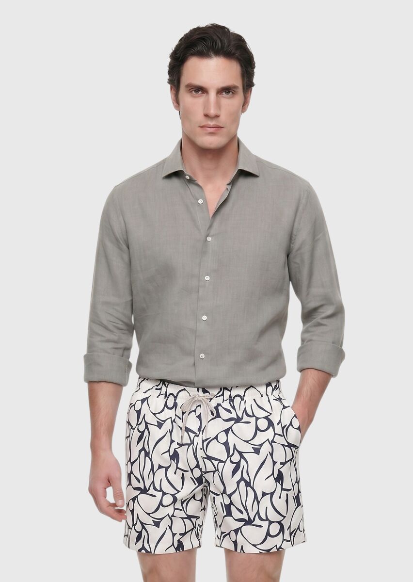 Vizon Düz Casual Fit Uzun Dokuma Casual %100 Keten Gömlek - 1