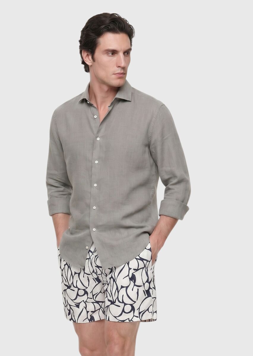 Vizon Düz Casual Fit Uzun Dokuma Casual %100 Keten Gömlek - 3