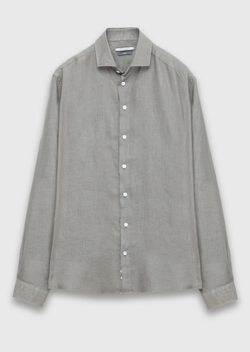 Vizon Düz Casual Fit Uzun Dokuma Casual %100 Keten Gömlek - 6