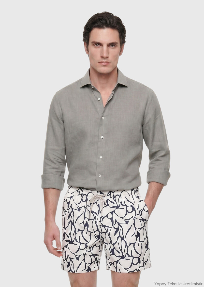 Vizon Düz Casual Fit Uzun Dokuma Casual %100 Keten Gömlek - RAMSEY