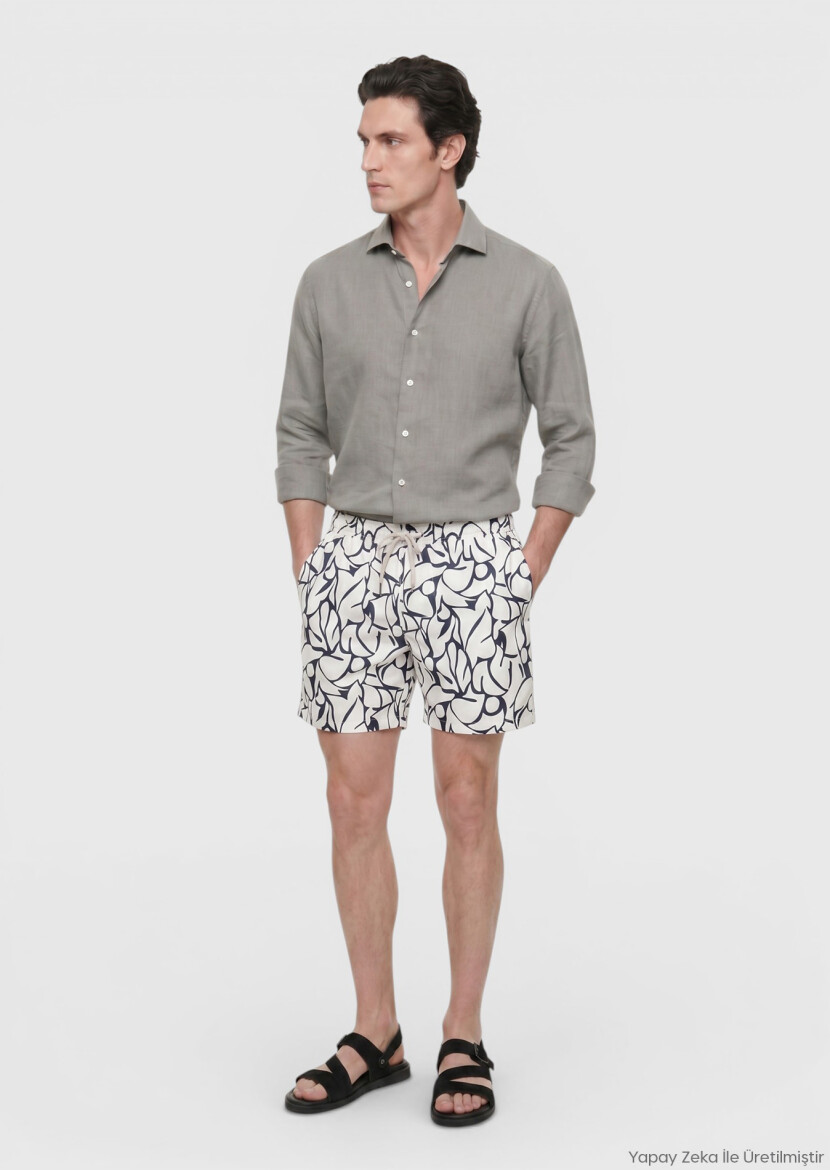 Vizon Düz Casual Fit Uzun Dokuma Casual %100 Keten Gömlek - RAMSEY