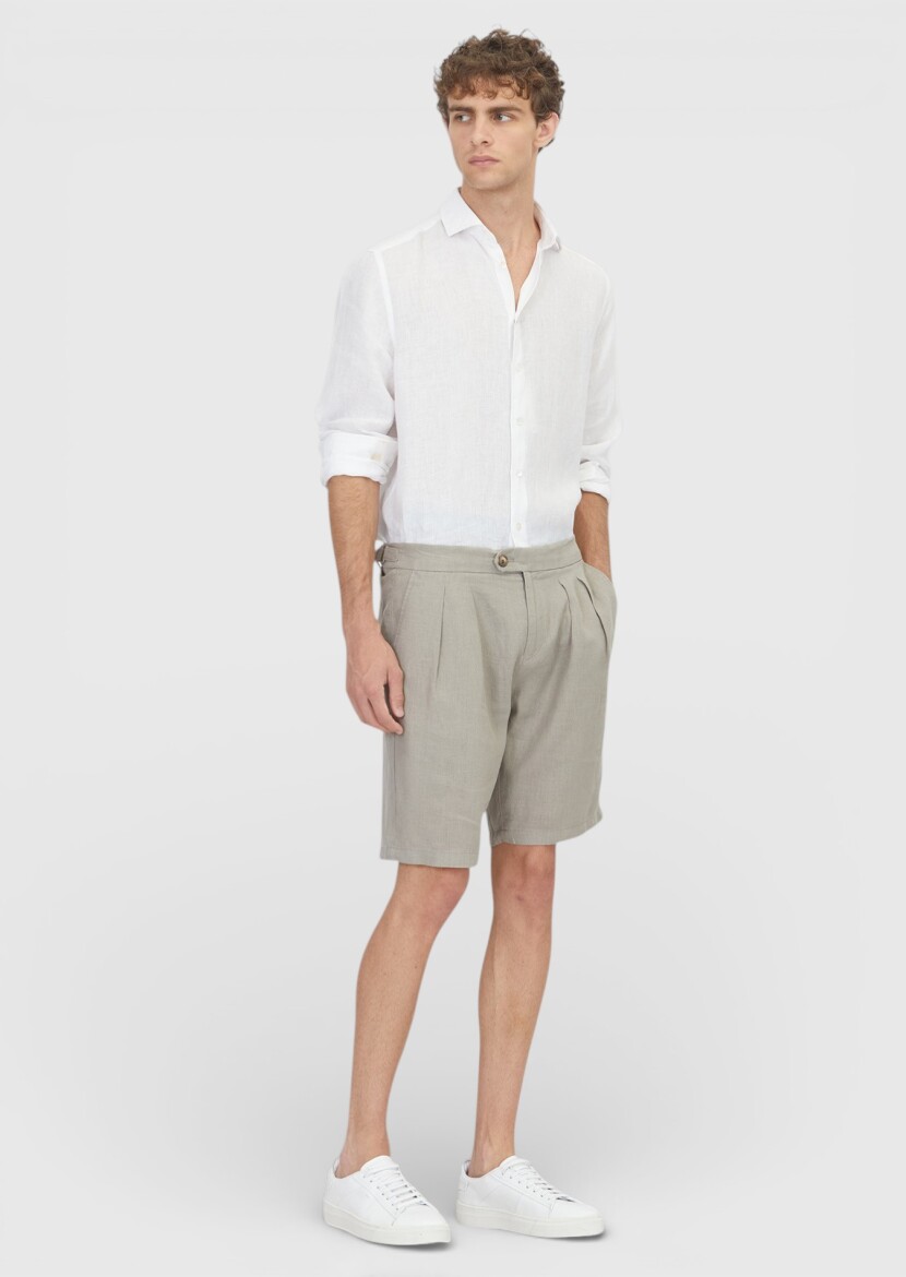 Vizon Düz Dokuma Carrot Fit Casual %100 Keten Bermuda - RAMSEY