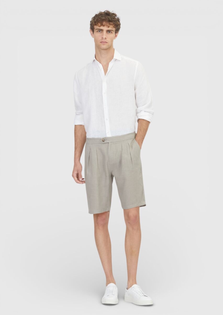 Vizon Düz Dokuma Carrot Fit Casual %100 Keten Bermuda - 1