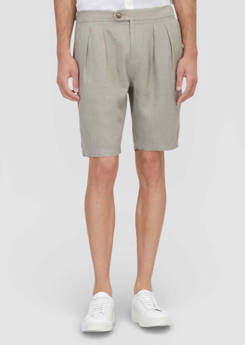 Vizon Düz Dokuma Carrot Fit Casual %100 Keten Bermuda 