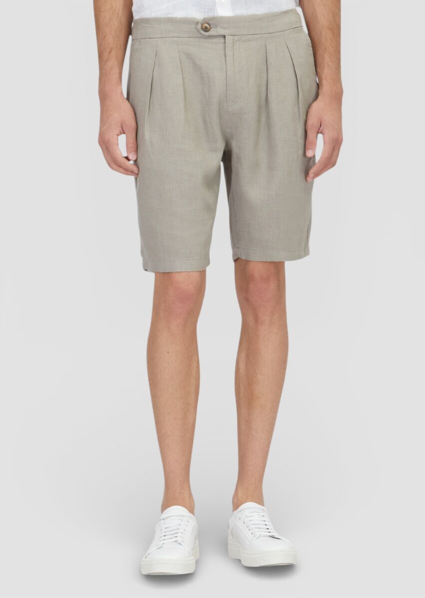 Vizon Düz Dokuma Carrot Fit Casual %100 Keten Bermuda - 2