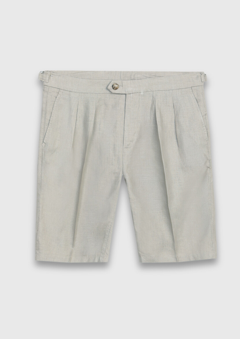 Vizon Düz Dokuma Carrot Fit Casual %100 Keten Bermuda - 6