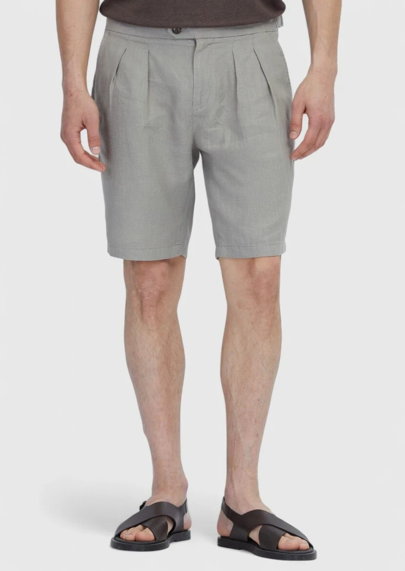 Vizon Düz Dokuma Carrot Fit Casual %100 Keten Bermuda - 1