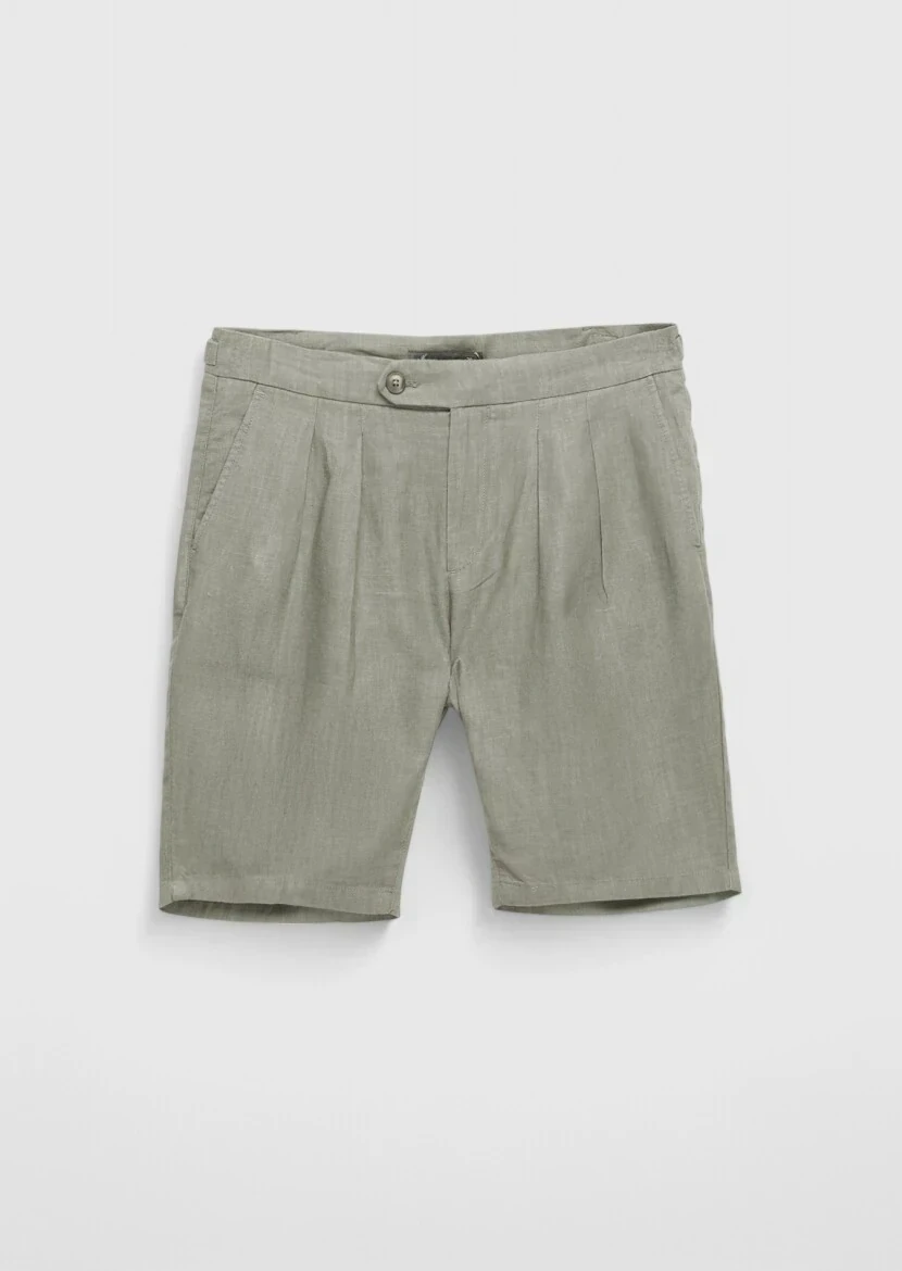 Vizon Düz Dokuma Carrot Fit Casual %100 Keten Bermuda 
