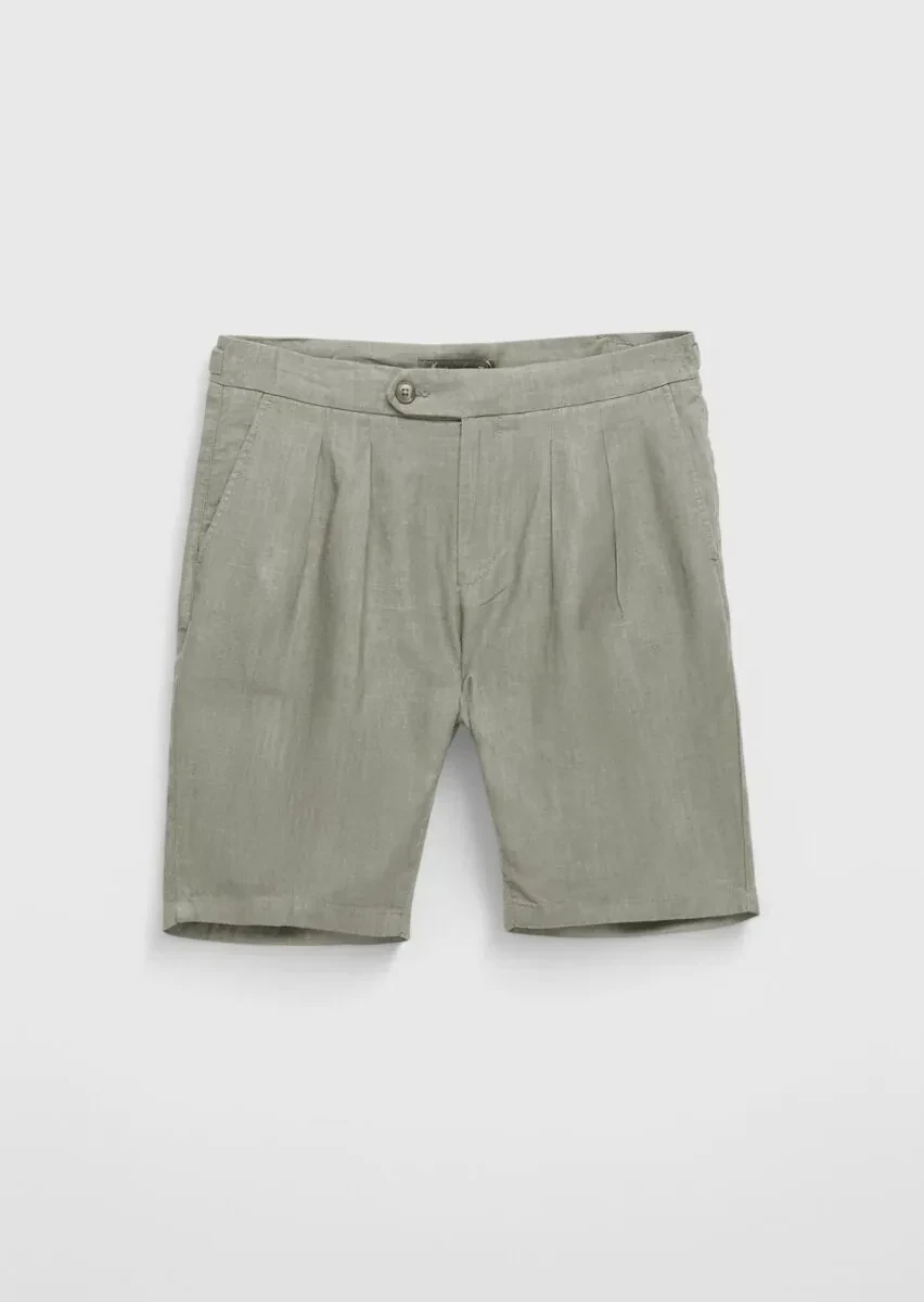 Vizon Düz Dokuma Carrot Fit Casual %100 Keten Bermuda - 2