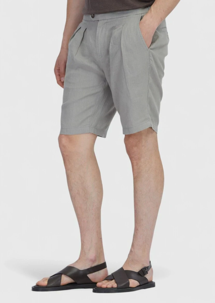 Vizon Düz Dokuma Carrot Fit Casual %100 Keten Bermuda - 3
