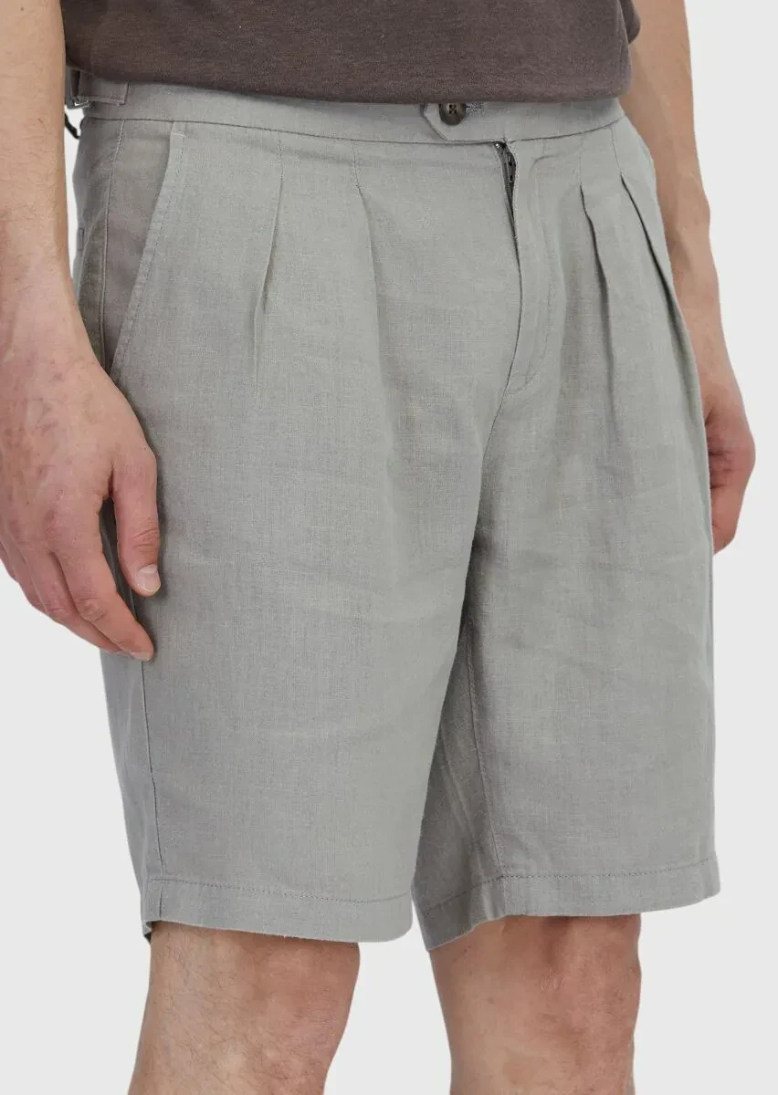 Vizon Düz Dokuma Carrot Fit Casual %100 Keten Bermuda - 4