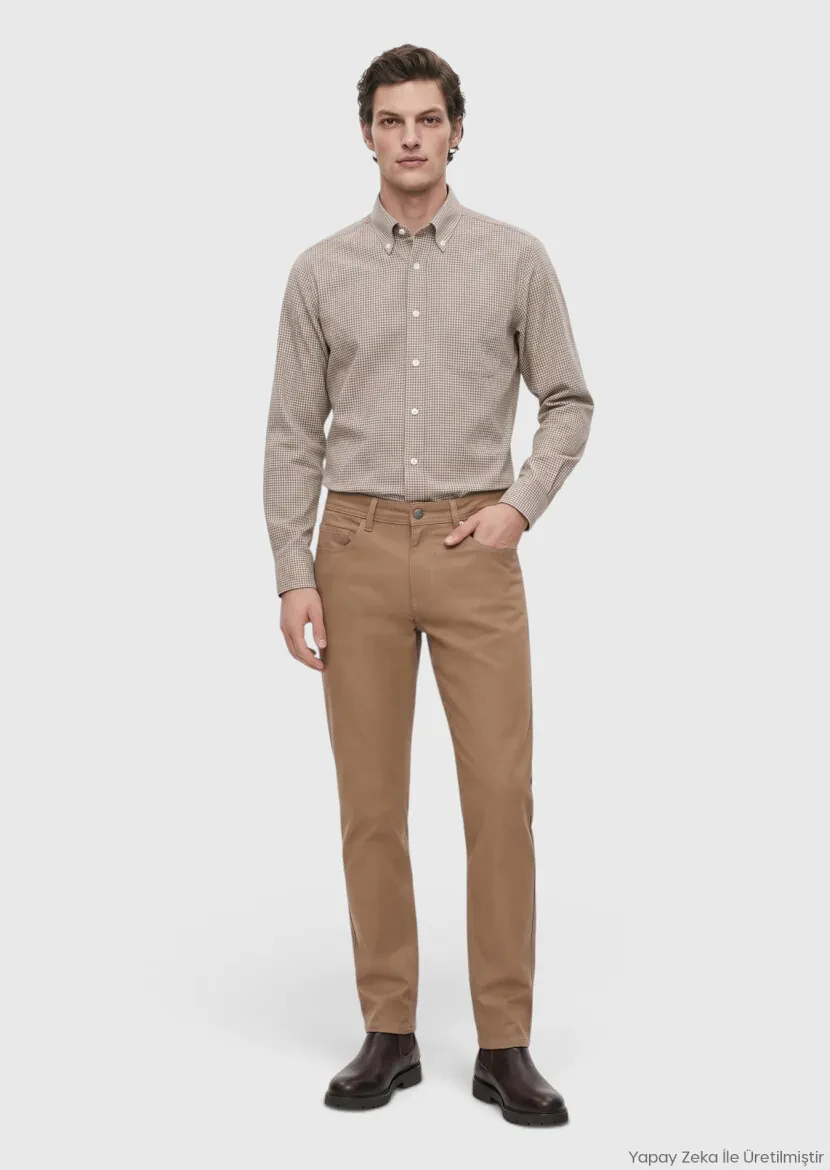 Vizon Düz Dokuma Regular Fit Casual Pamuk Karışımlı Pantolon 