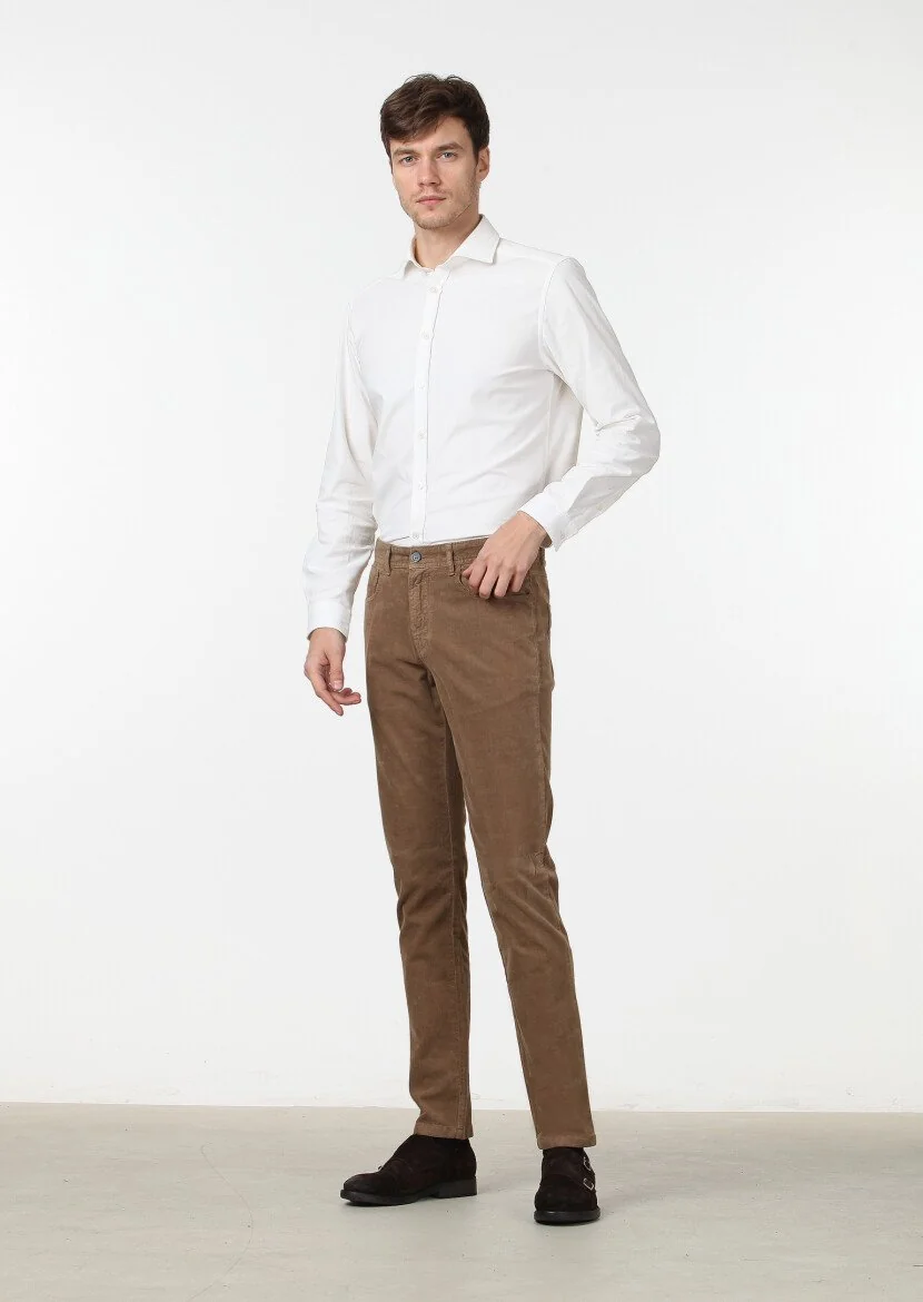 Vizon Düz Dokuma Slim Fit Kadife Casual Pamuk Karışımlı Pantolon 