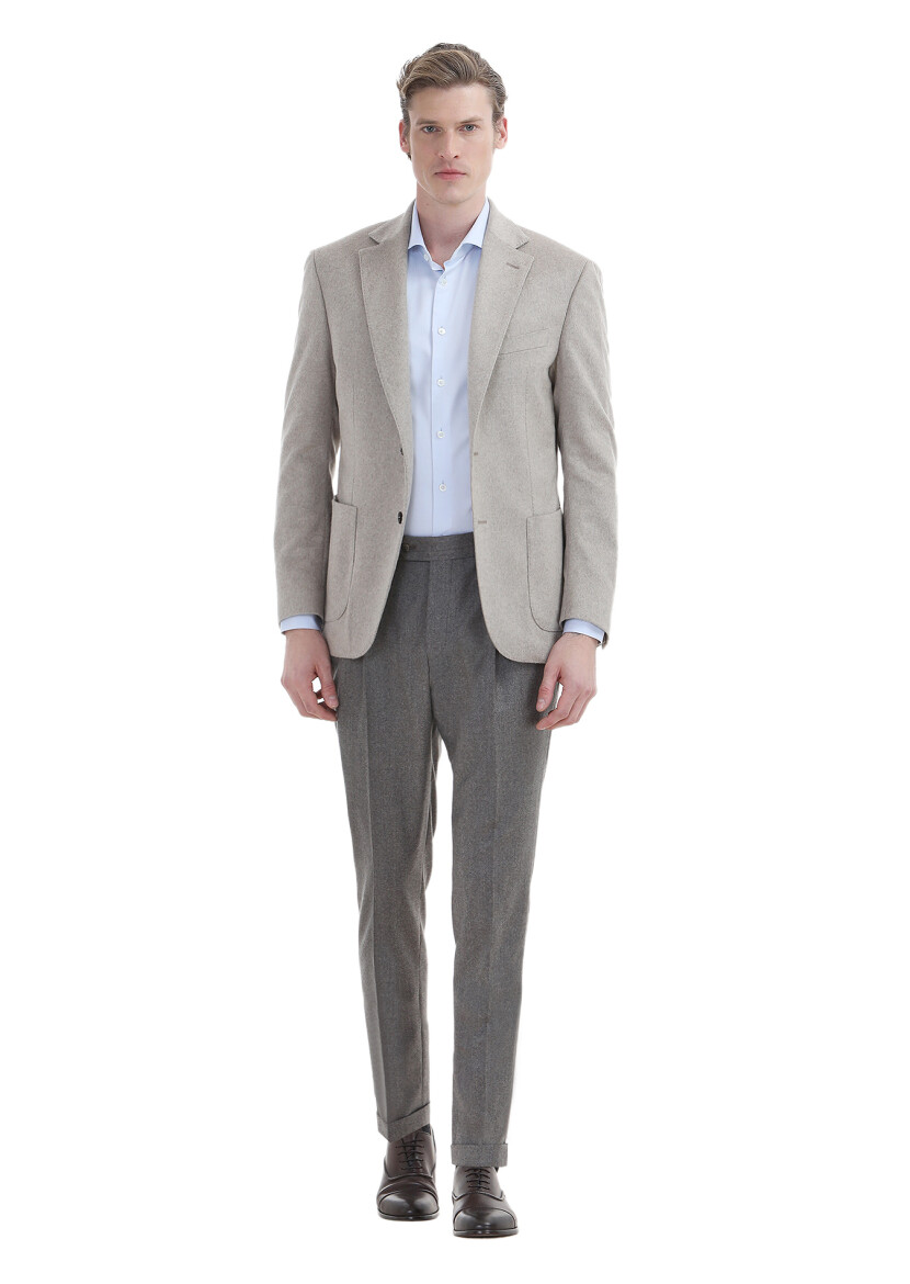 Vizon Düz Kumaş Modern Fit Klasik Yün Karışımlı Pantolon 