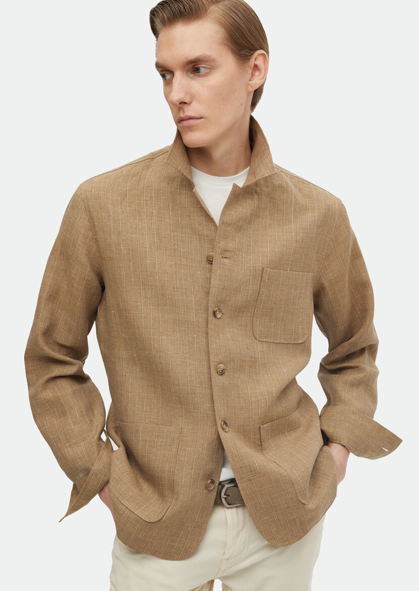 Vizon Düz Regular Fit Uzun Dokuma %100 Keten Overshırt - 3