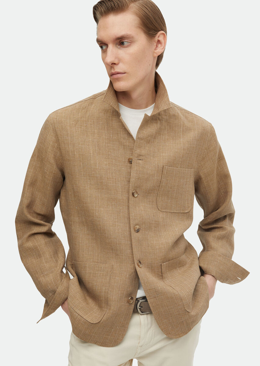 Vizon Düz Regular Fit Uzun Dokuma %100 Keten Overshırt - 3