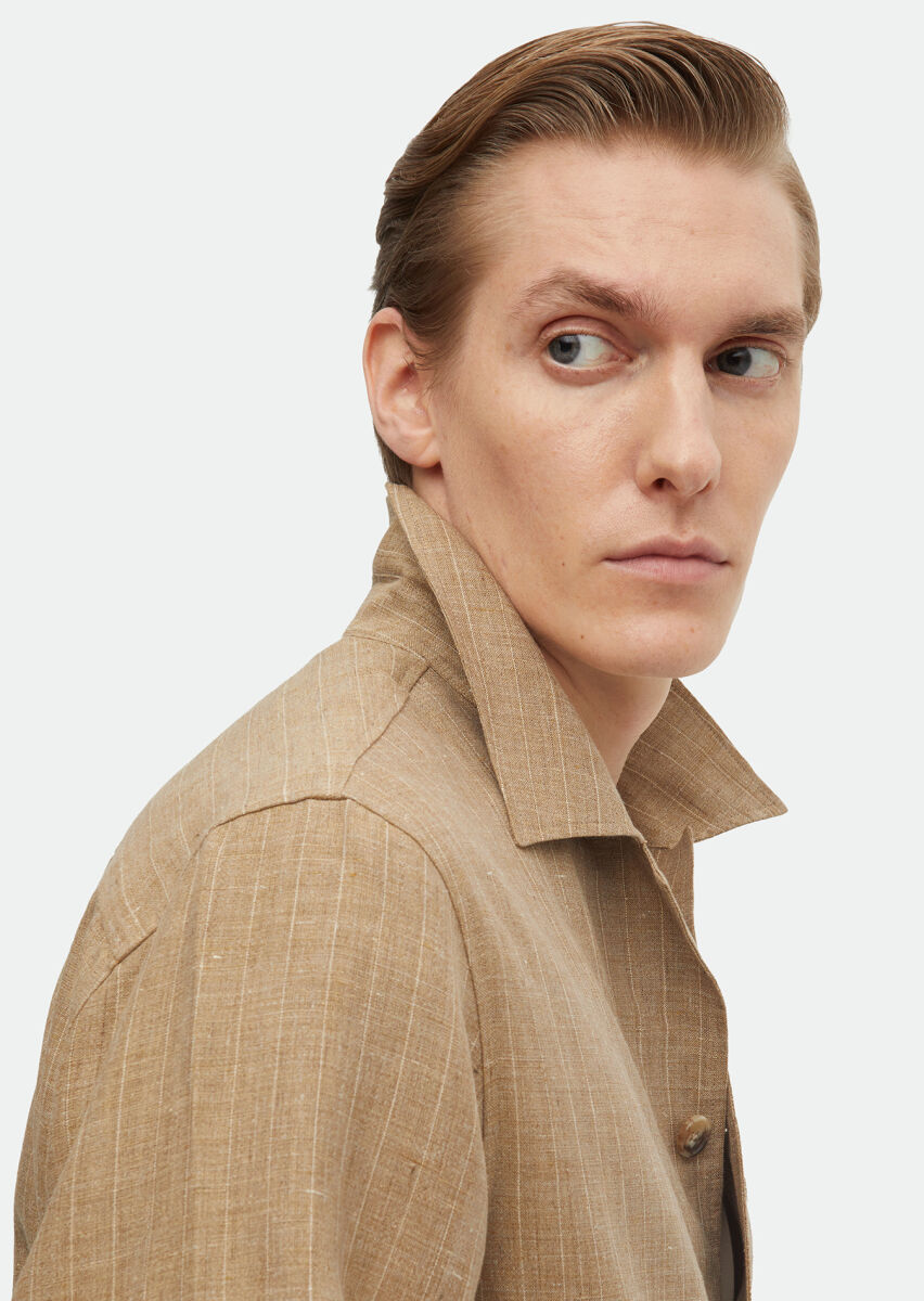 Vizon Düz Regular Fit Uzun Dokuma %100 Keten Overshırt - 4