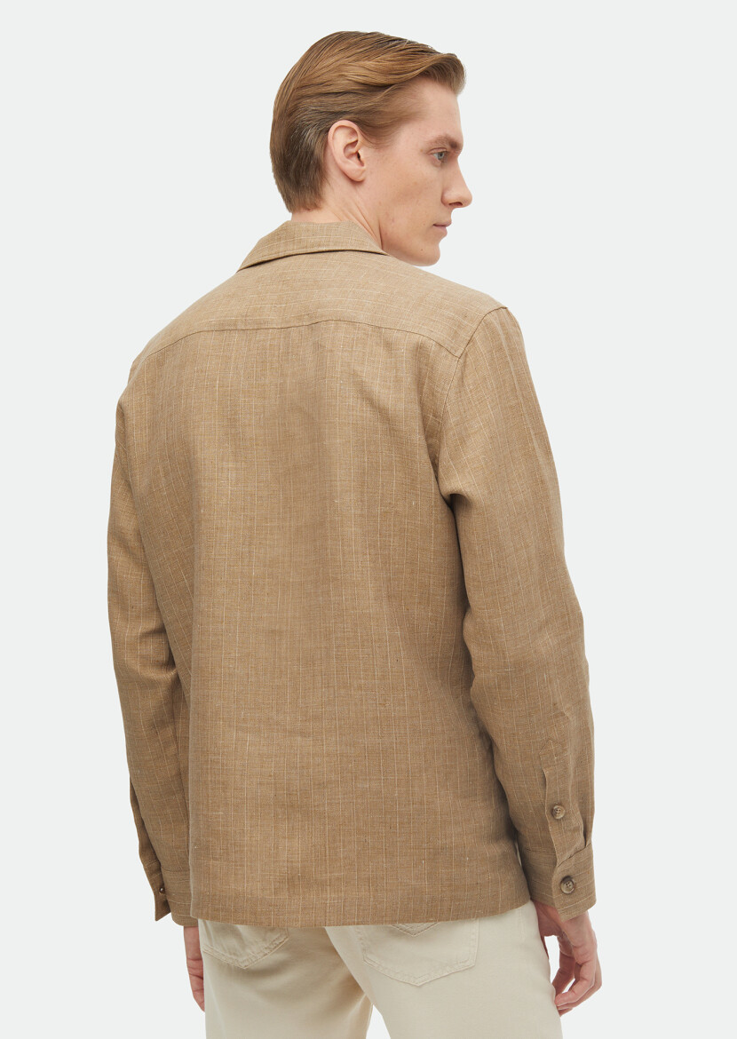 Vizon Düz Regular Fit Uzun Dokuma %100 Keten Overshırt - 5