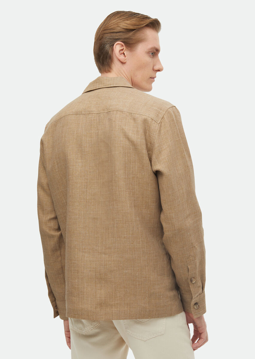 Vizon Düz Regular Fit Uzun Dokuma %100 Keten Overshırt - 5