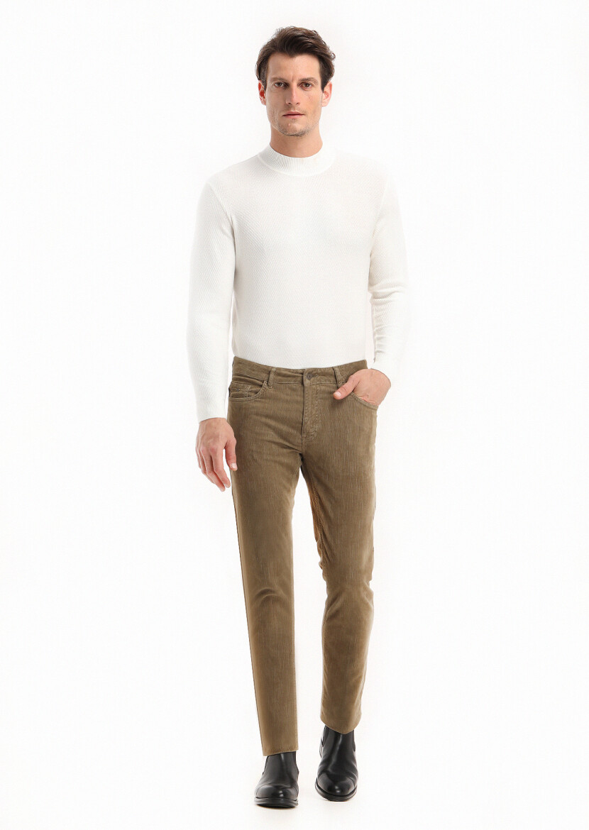 Vizon Fitilli Dokuma Slim Fit Kadife Casual Pamuk Karışımlı Pantolon - 1