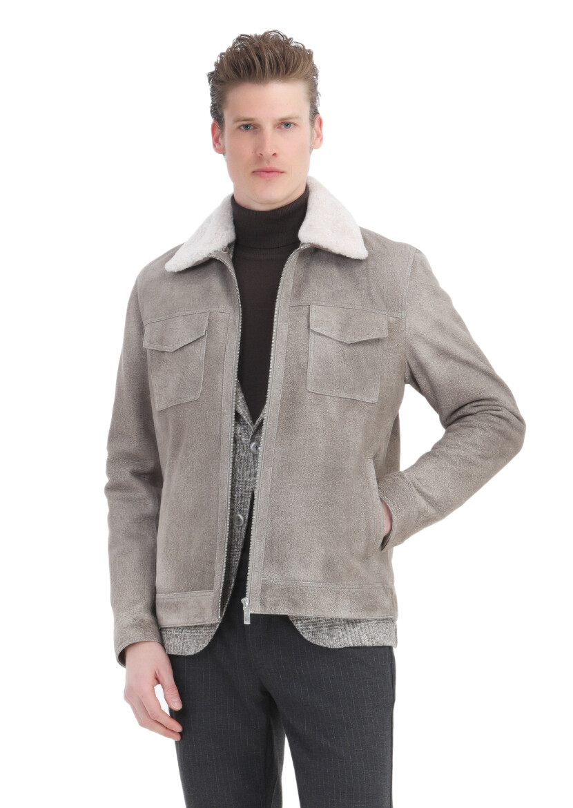 Vizon Regular Fit Gömlek Yaka Casual Süet Deri Mont - 1