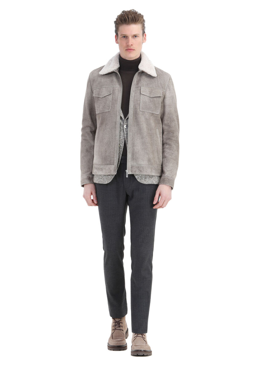 Vizon Regular Fit Gömlek Yaka Casual Süet Deri Mont - 2