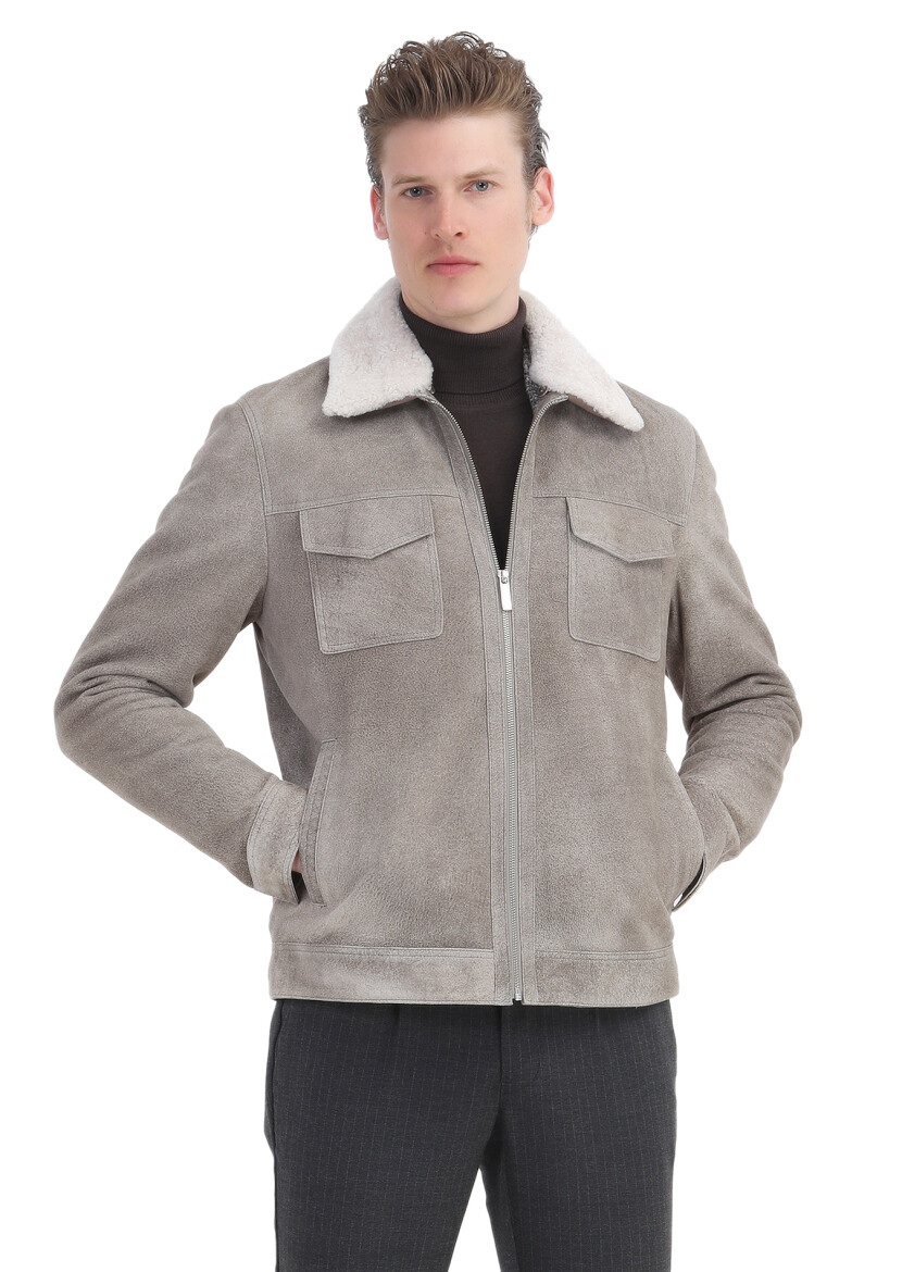 Vizon Regular Fit Gömlek Yaka Casual Süet Deri Mont - 3