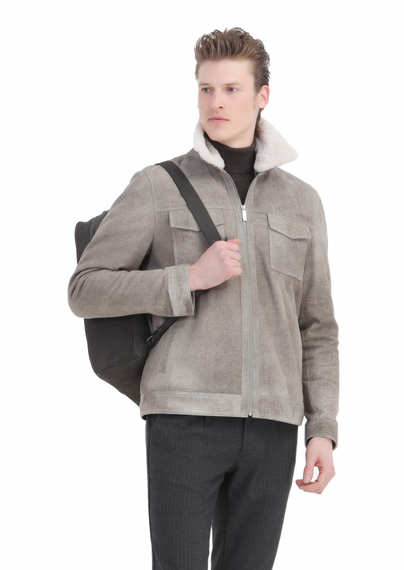 Vizon Regular Fit Gömlek Yaka Casual Süet Deri Mont - 5