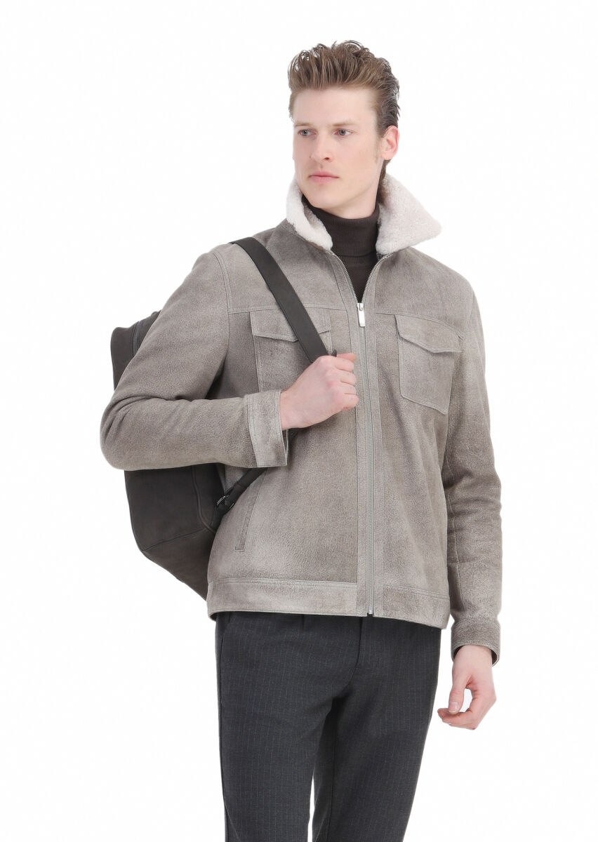 Vizon Regular Fit Gömlek Yaka Casual Süet Deri Mont - 5