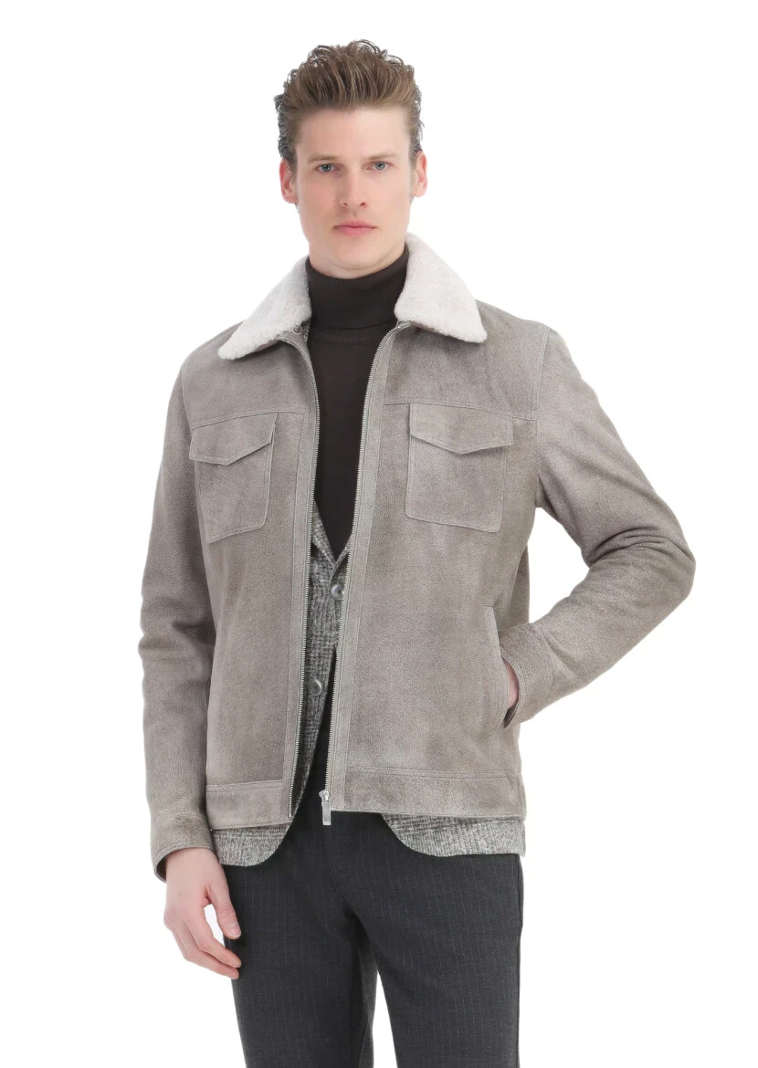 Vizon Regular Fit Gömlek Yaka Casual Süet Deri Mont - 1