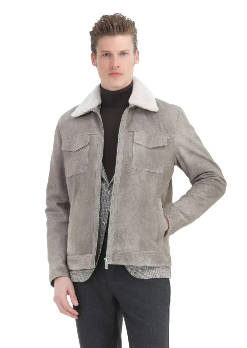 Vizon Regular Fit Gömlek Yaka Casual Süet Deri Mont - 1