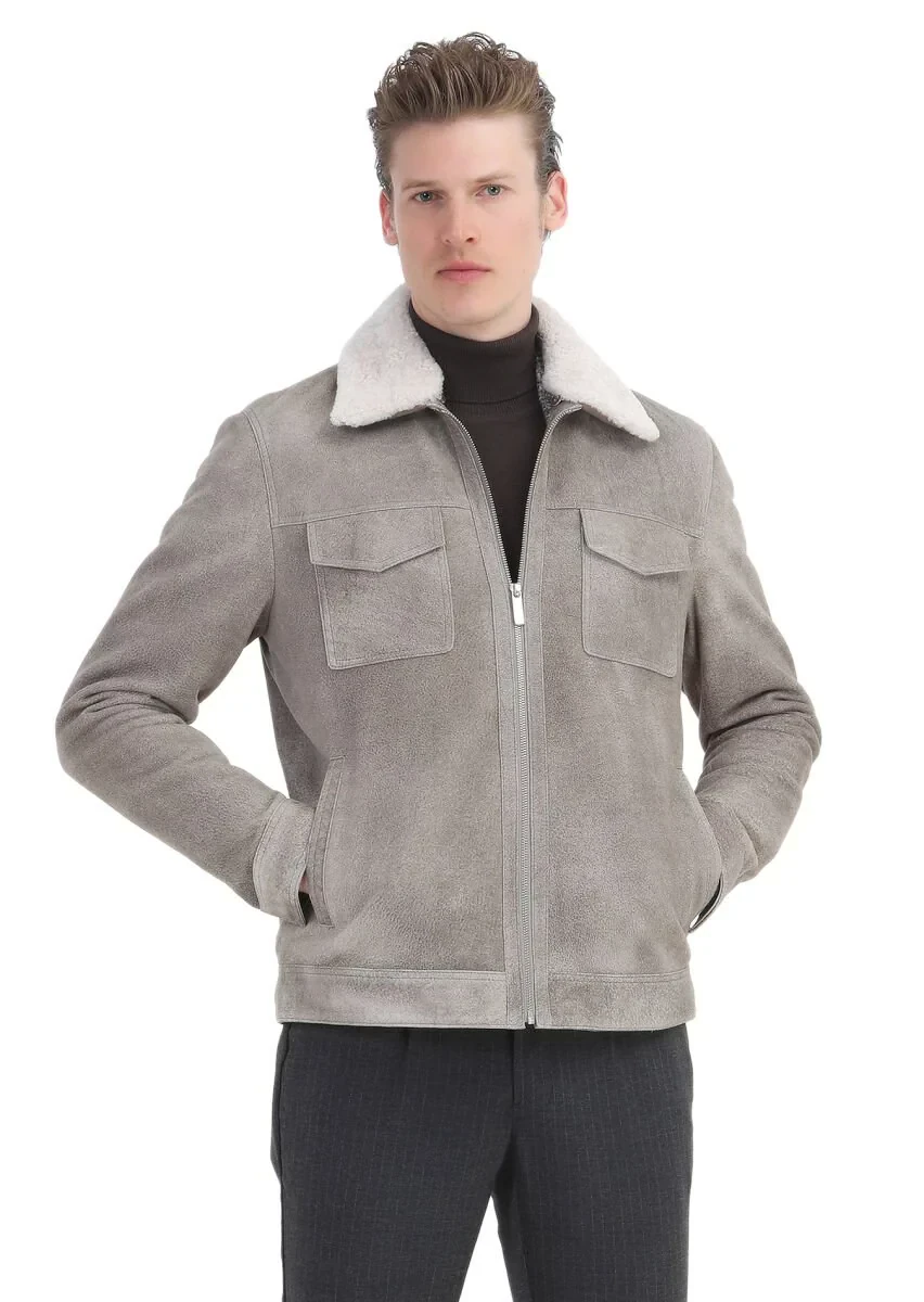 Vizon Regular Fit Gömlek Yaka Casual Süet Deri Mont - 3
