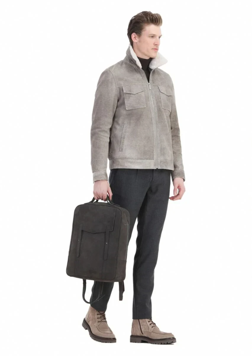 Vizon Regular Fit Gömlek Yaka Casual Süet Deri Mont - 4