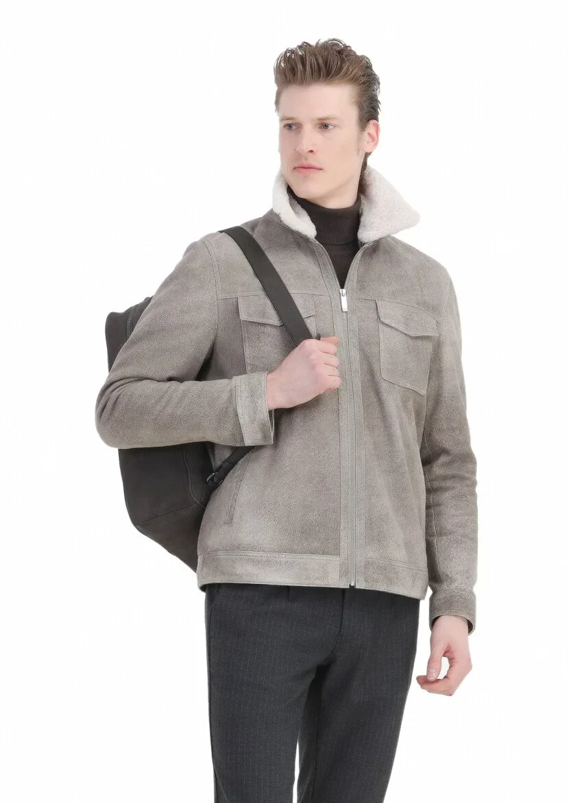Vizon Regular Fit Gömlek Yaka Casual Süet Deri Mont - 5
