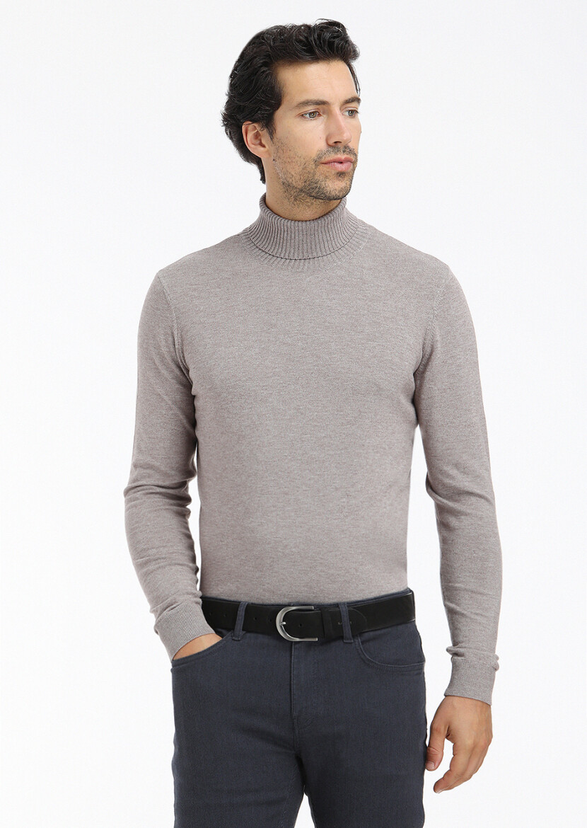 Vizon Tam Balıkçı Yaka Düz Örgü Yün Karışımlı Triko Kazak 