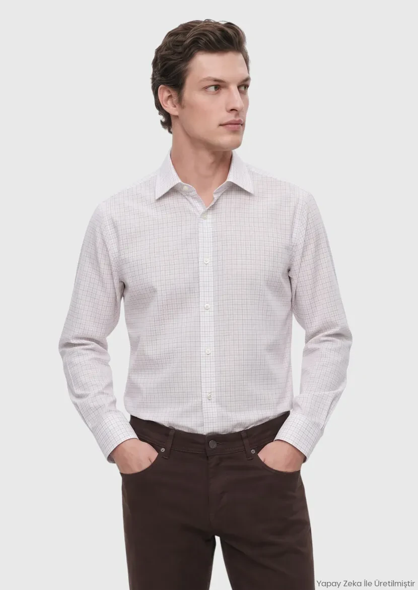 White Checkered Long Weaving Classical 100% Cotton Shirt - RAMSEY