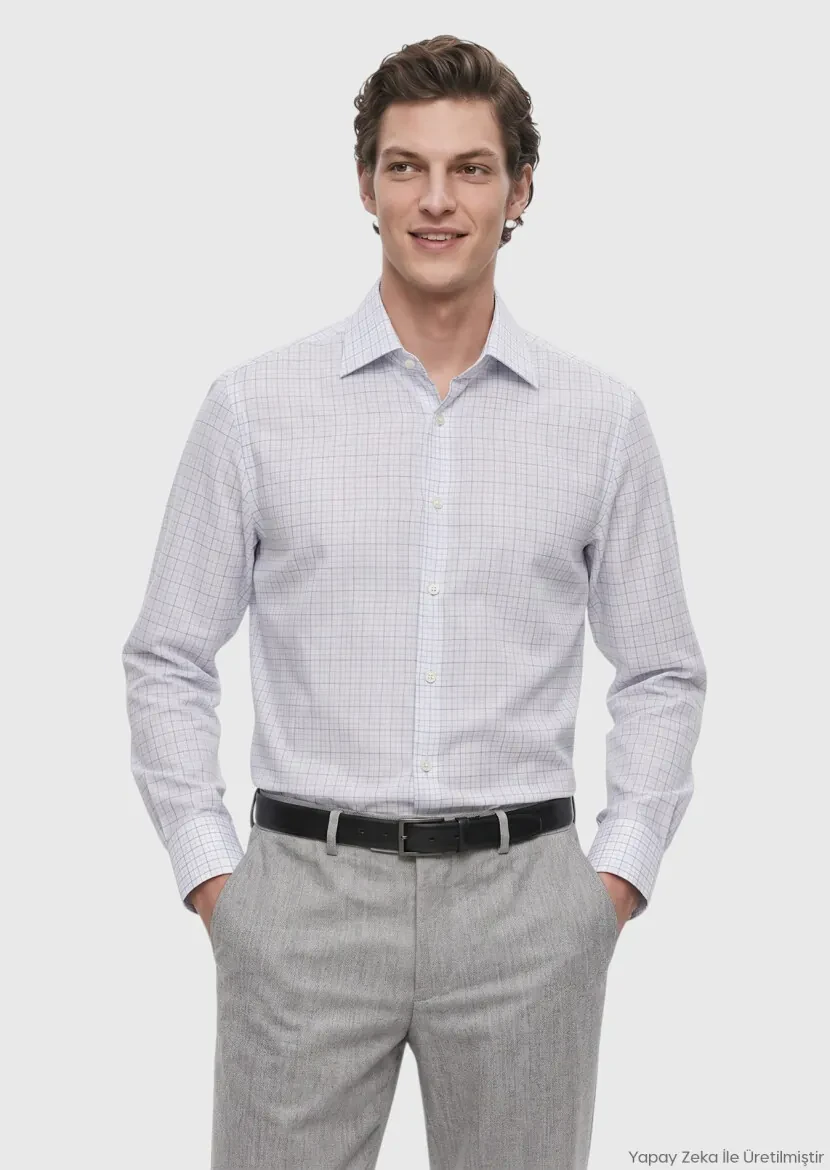 White Checkered Long Weaving Classical Cotton Blended Shirt - RAMSEY