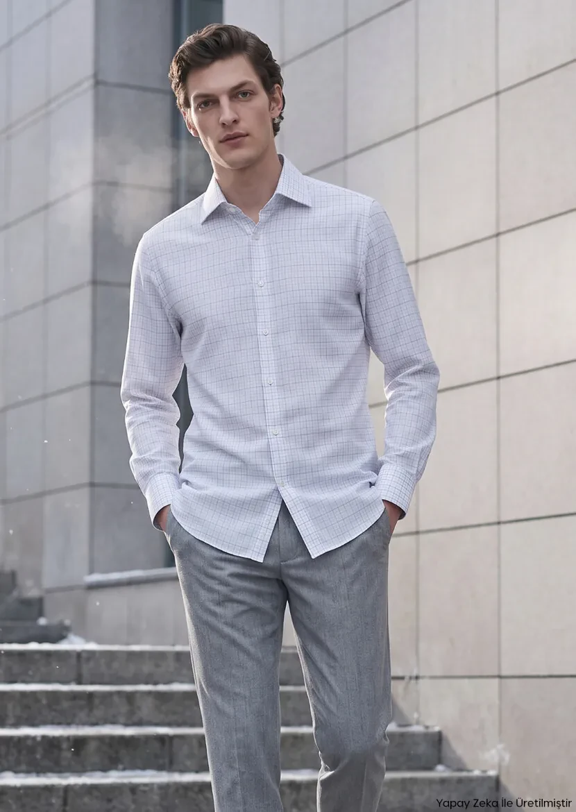 White Checkered Long Weaving Classical Cotton Blended Shirt - RAMSEY