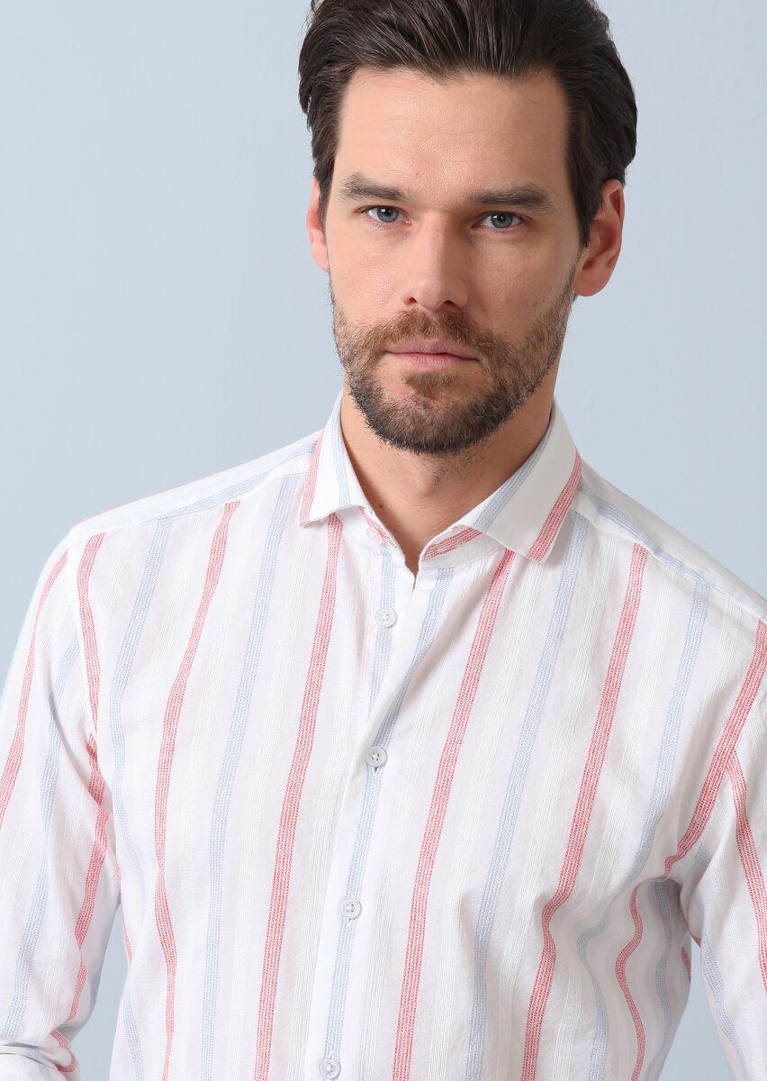 White Checkered Regular Fit Long Weaving Denim Cotton Blended Shirt - 1