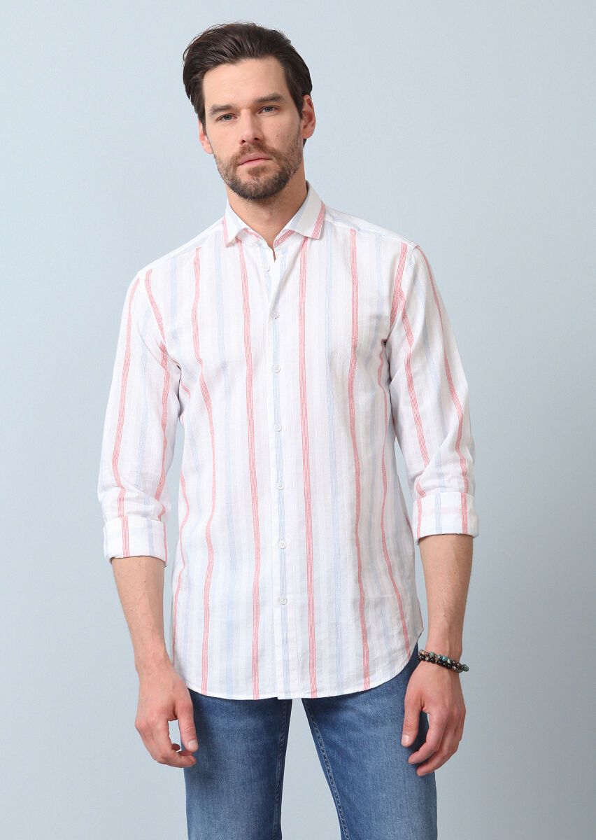 White Checkered Regular Fit Long Weaving Denim Cotton Blended Shirt - 2
