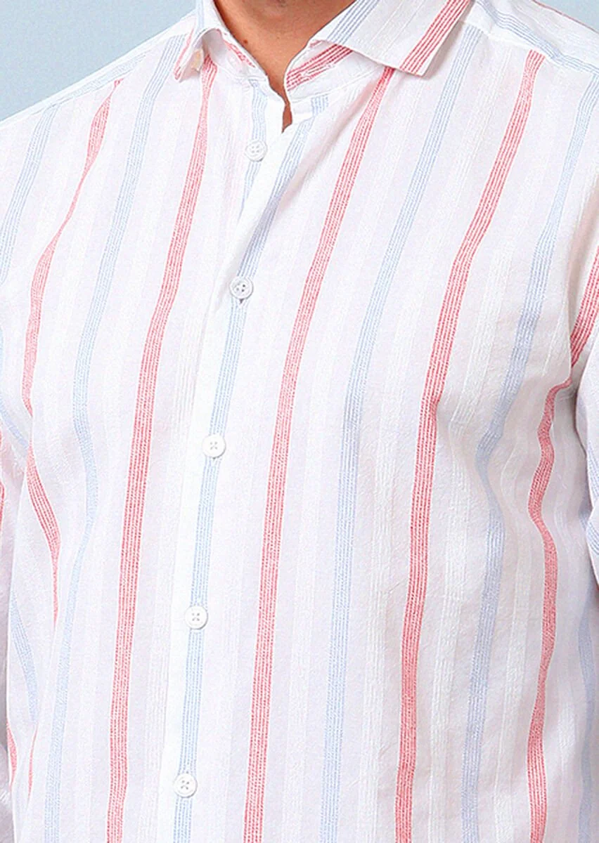 White Checkered Regular Fit Weaving Denim Cotton Blended Shirt - 3
