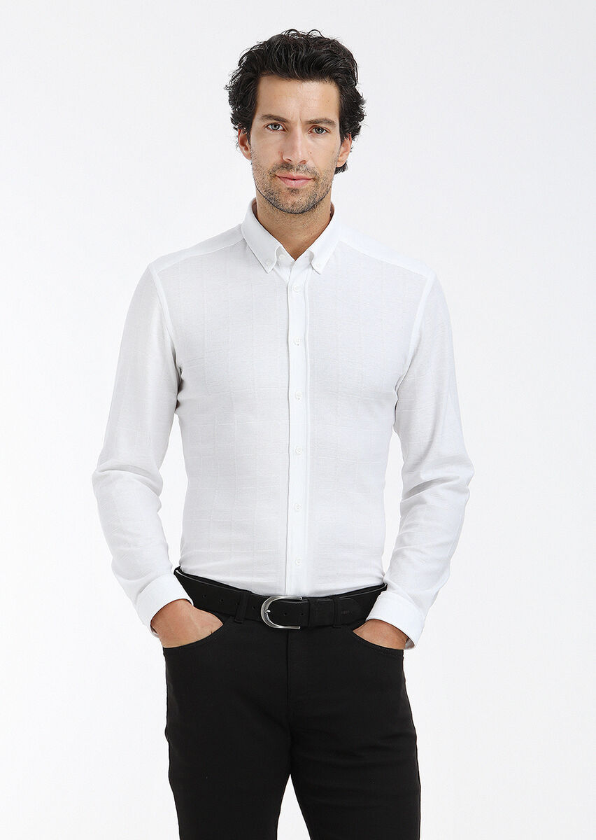 White Checkered Slim Fit Knitting Casual 100% Cotton Shirt - 3