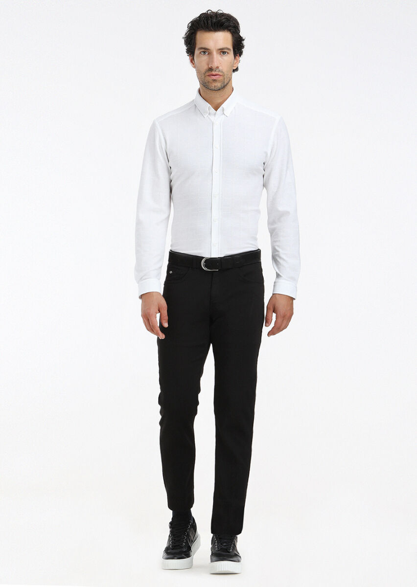 White Checkered Slim Fit Long Knitting Casual 100% Cotton Shirt - 1